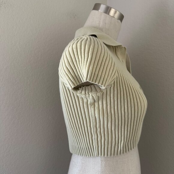 Brandy Melville Crop Tank Top Ribbed Polo Neck Cap Sleeve Cotton Green Sz S - Picture 4 of 10